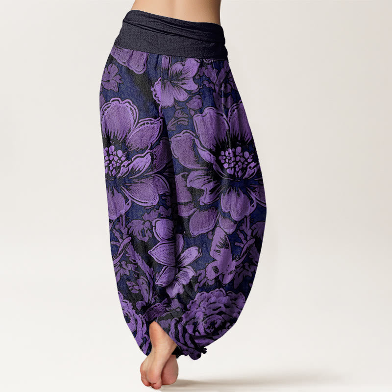 Buddha Stones Peony Flowers Butterfly Pattern Design Women's Elastic Waist Harem Pants - image 1