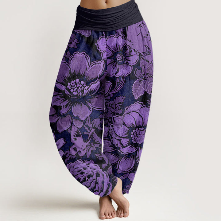 Buddha Stones Cotton Peony Flowers Butterfly Pattern Design Women's Elastic Waist Harem Pants - Purple - US22，UK/AU26，EU54 (6XL) - image 0
