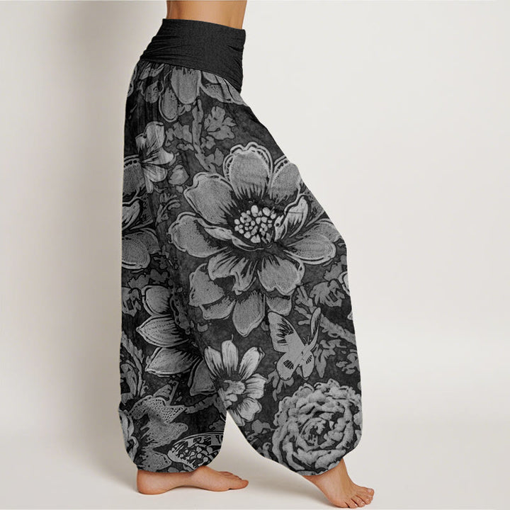 Buddha Stones Peony Flowers Butterfly Pattern Design Women's Elastic Waist Harem Pants - image 6