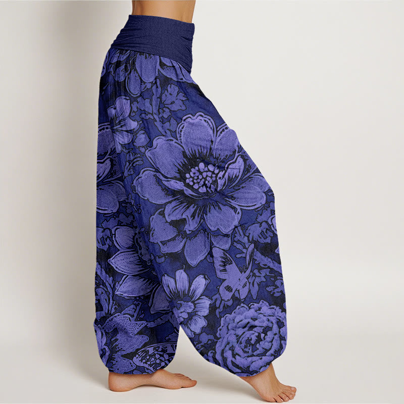 Buddha Stones Peony Flowers Butterfly Pattern Design Women's Elastic Waist Harem Pants - image 9