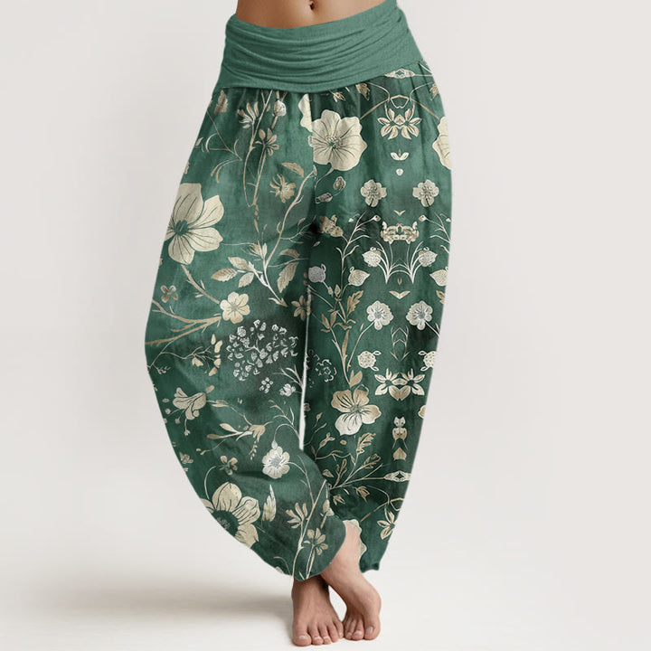 Buddha Stones White Flowers Winding Vines Pattern Design Women's Elastic Waist Harem Pants - MediumAquamarine - US22，UK/AU26，EU54 (6XL) - image 0