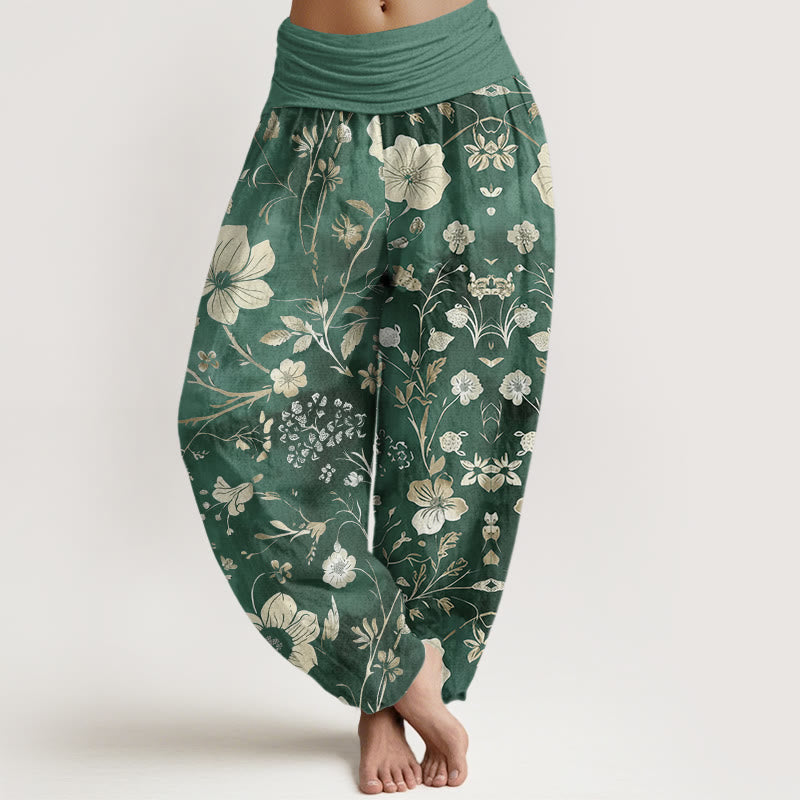 Buddha Stones Cotton White Flowers Winding Vines Pattern Design Women's Elastic Waist Harem Pants - MediumAquamarine - US22，UK/AU26，EU54 (6XL) - image 0