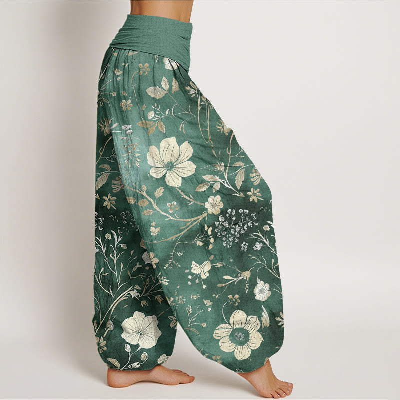Buddha Stones White Flowers Winding Vines Pattern Design Women's Elastic Waist Harem Pants - image 2