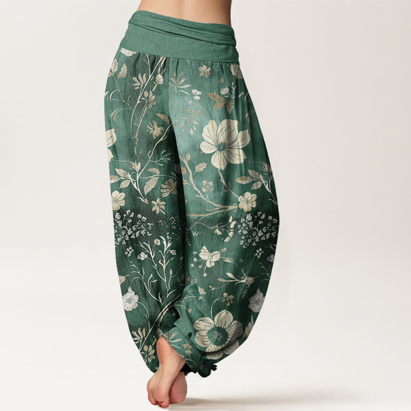 Buddha Stones White Flowers Winding Vines Pattern Design Women's Elastic Waist Harem Pants - image 1