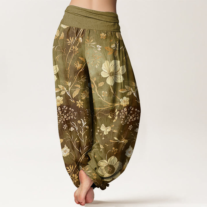 Buddha Stones White Flowers Winding Vines Pattern Design Women's Elastic Waist Harem Pants - image 5