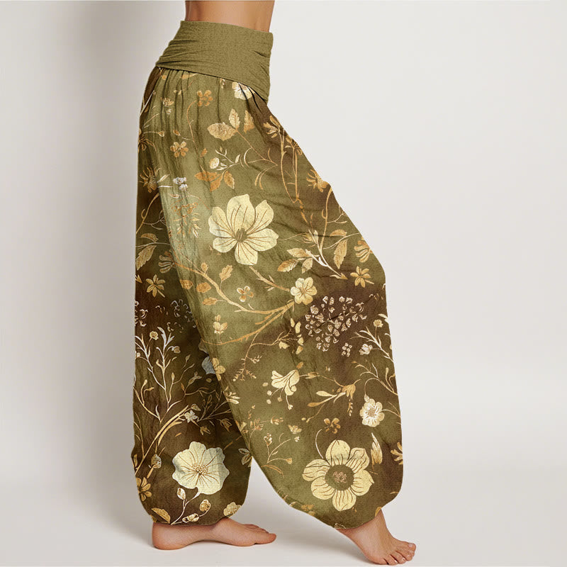 Buddha Stones White Flowers Winding Vines Pattern Design Women's Elastic Waist Harem Pants - image 6