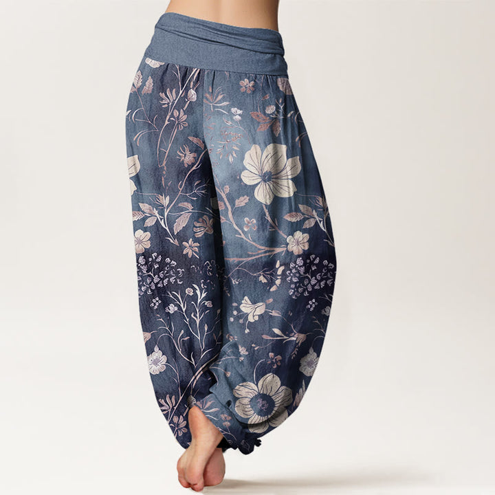 Buddha Stones White Flowers Winding Vines Pattern Design Women's Elastic Waist Harem Pants - image 8