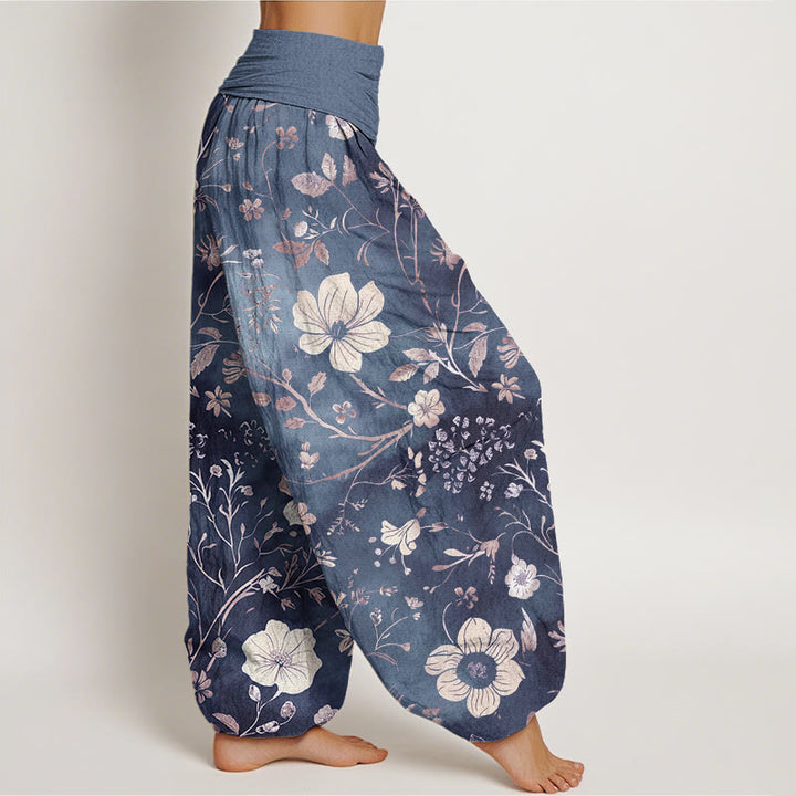 Buddha Stones White Flowers Winding Vines Pattern Design Women's Elastic Waist Harem Pants - image 9