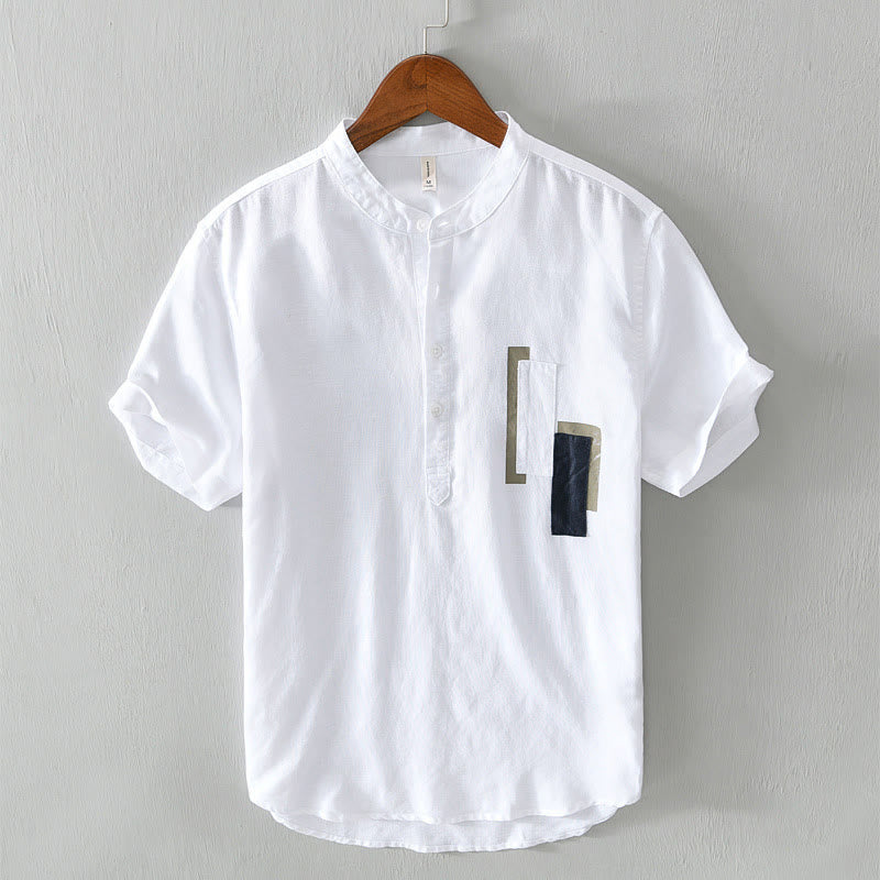 Buddha Stones Daily Plain Patch Color Matching Design Men's Short Sleeve Cotton Linen Shirt - White - US/UK/AU42，EU52 (3XL) - image 1
