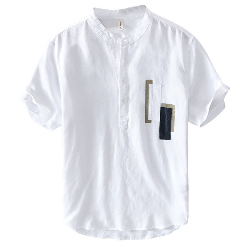 Buddha Stones Daily Plain Patch Color Matching Design Men's Short Sleeve Cotton Linen Shirt - image 3