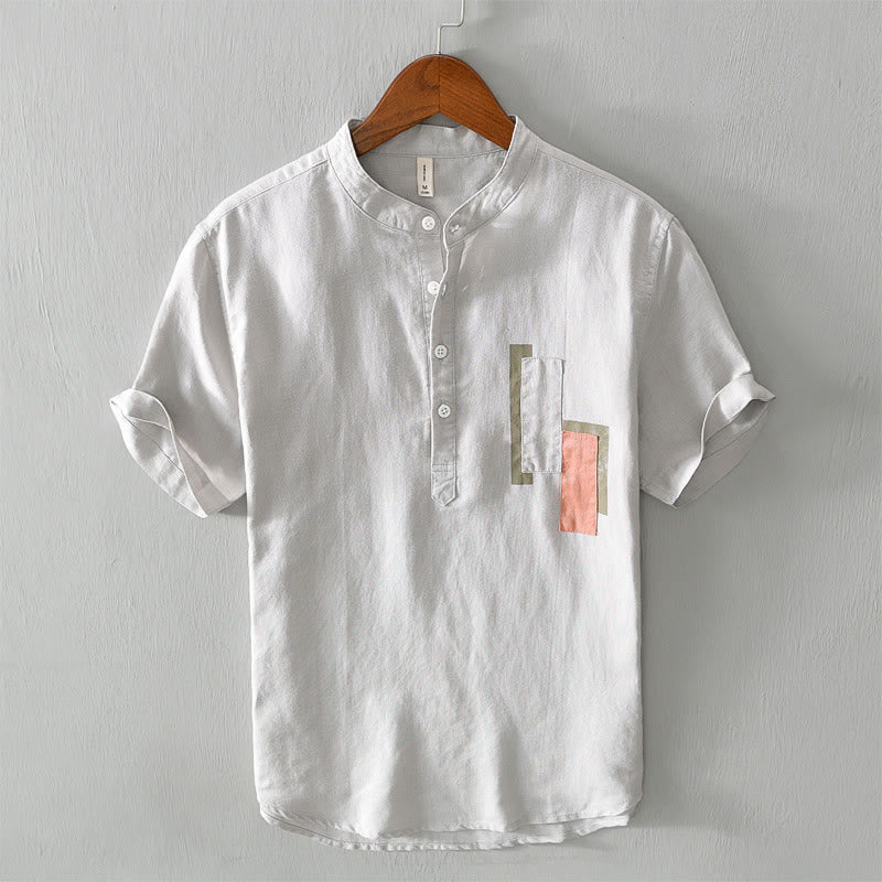 Buddha Stones Daily Plain Patch Color Matching Design Men's Short Sleeve Cotton Linen Shirt - Gainsboro - US/UK/AU42，EU52 (3XL) - image 0