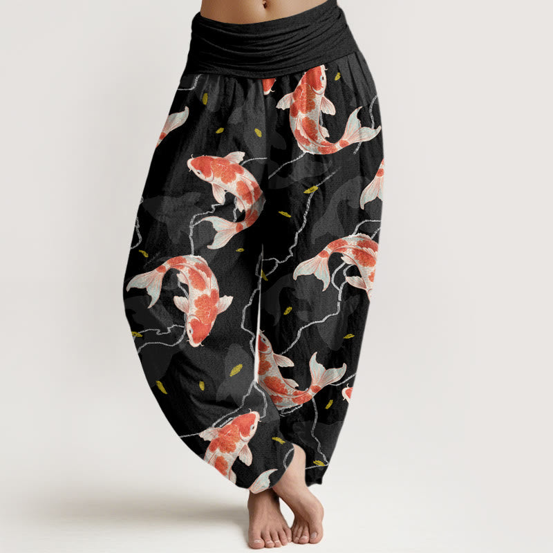 Buddha Stones Red White Koi Fish Pattern Design Women's Elastic Waist Harem Pants - Black - US22，UK/AU26，EU54 (6XL) - image 7