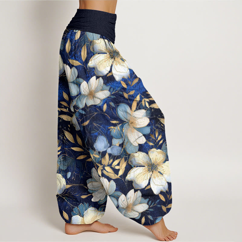 Buddha Stones Creamy White Flowers Pattern Design Women's Elastic Waist Harem Pants - image 2