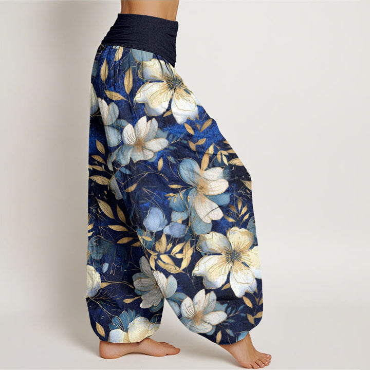 Buddha Stones Creamy White Flowers Pattern Design Women's Elastic Waist Harem Pants - image 2