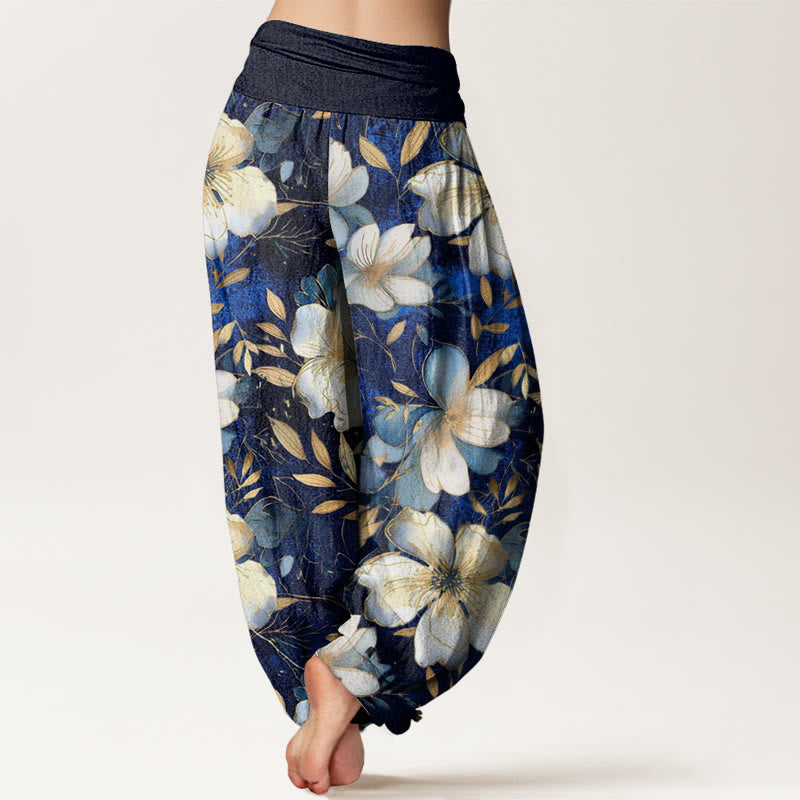 Buddha Stones Creamy White Flowers Pattern Design Women's Elastic Waist Harem Pants - image 1