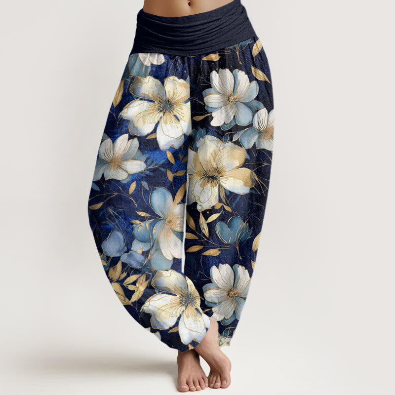 Buddha Stones Creamy White Flowers Pattern Design Women's Elastic Waist Harem Pants - MediumSlateBlue - US22，UK/AU26，EU54 (6XL) - image 0