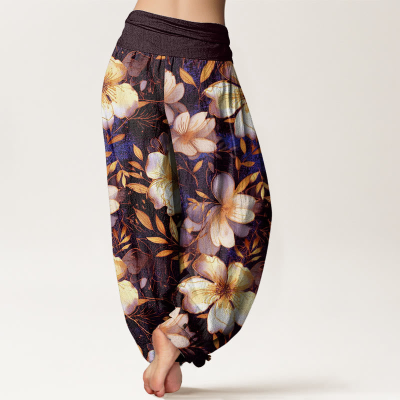 Buddha Stones Creamy White Flowers Pattern Design Women's Elastic Waist Harem Pants - image 5
