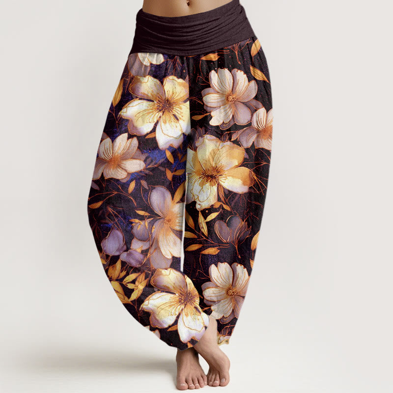 Buddha Stones Creamy White Flowers Pattern Design Women's Elastic Waist Harem Pants - Peru - US22，UK/AU26，EU54 (6XL) - image 4