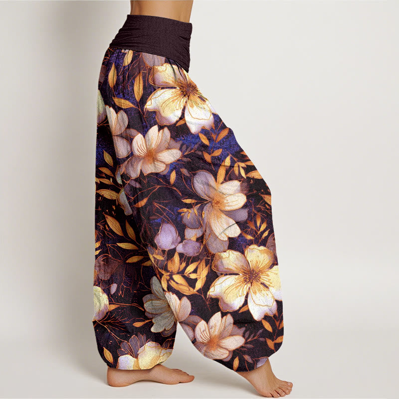 Buddha Stones Creamy White Flowers Pattern Design Women's Elastic Waist Harem Pants - image 6
