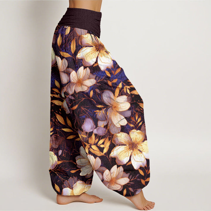 Buddha Stones Creamy White Flowers Pattern Design Women's Elastic Waist Harem Pants - image 6