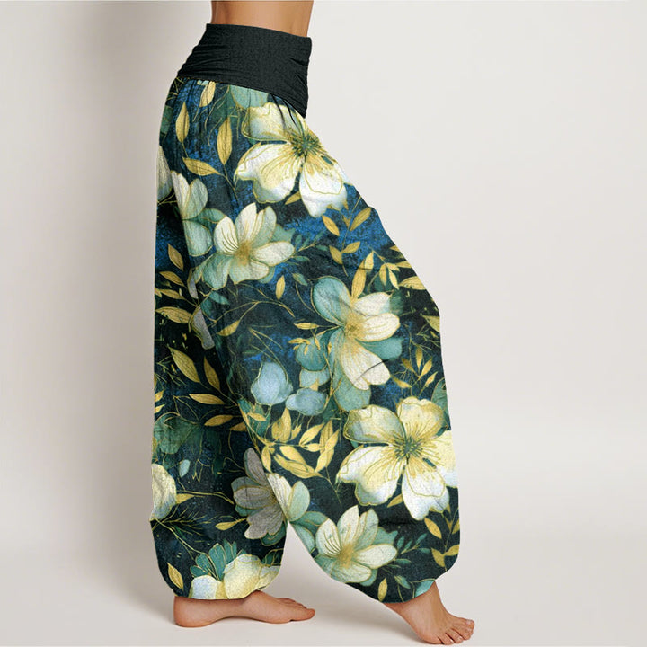 Buddha Stones Creamy White Flowers Pattern Design Women's Elastic Waist Harem Pants - image 9