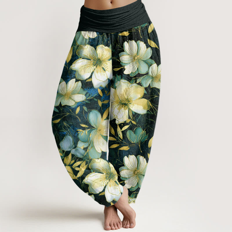 Buddha Stones Creamy White Flowers Pattern Design Women's Elastic Waist Harem Pants - Black - US22，UK/AU26，EU54 (6XL) - image 7
