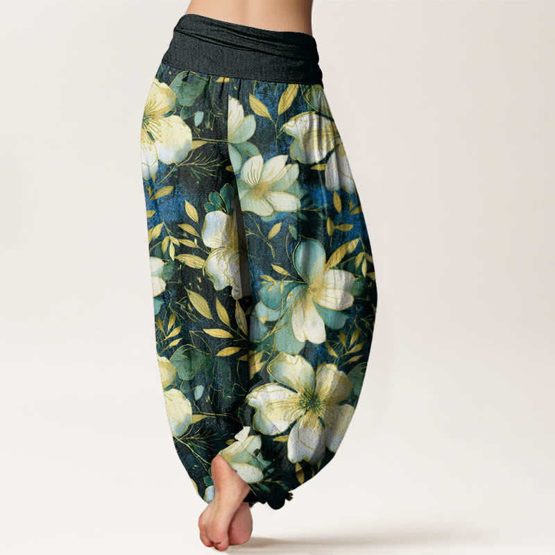 Buddha Stones Creamy White Flowers Pattern Design Women's Elastic Waist Harem Pants - image 8