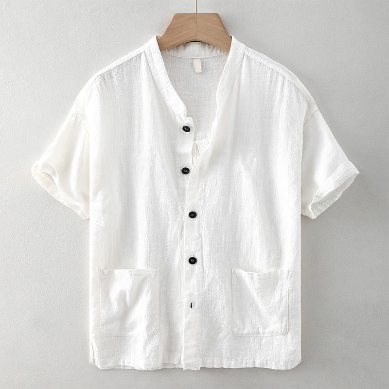 Buddha Stones Summer Casual Solid Color Button Design Stand Collar Men's Short Sleeve Cotton Linen Shirt WIth Pockets - White - US/UK/AU42，EU52 (3XL) - image 1