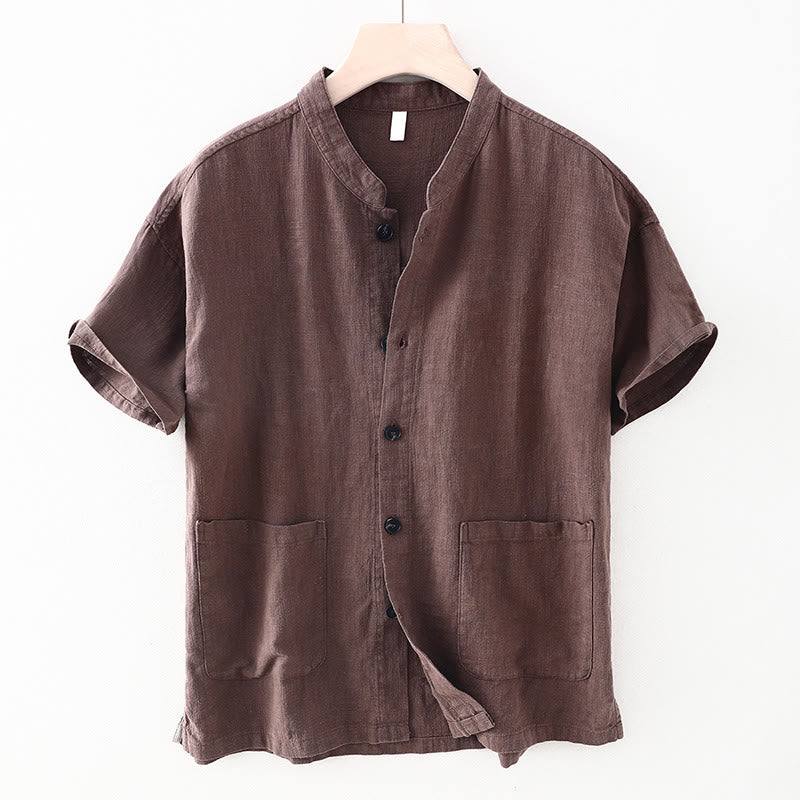 Buddha Stones Summer Casual Solid Color Button Design Stand Collar Men's Short Sleeve Cotton Linen Shirt WIth Pockets - Sienna - US/UK/AU42，EU52 (3XL) - image 7