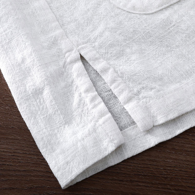 Buddha Stones Summer Casual Solid Color Button Design Stand Collar Men's Short Sleeve Cotton Linen Shirt WIth Pockets - image 6