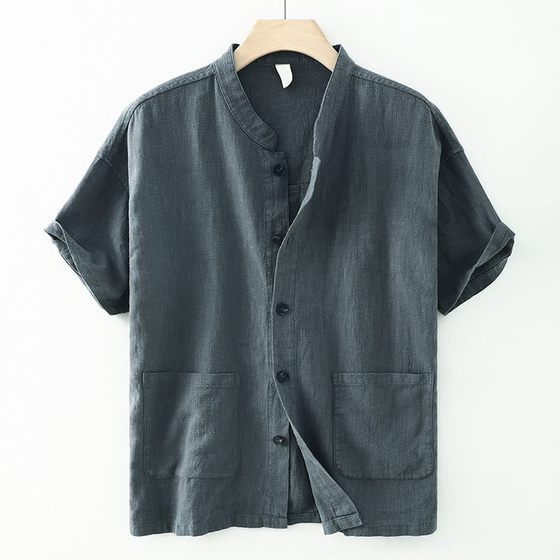Buddha Stones Summer Casual Solid Color Button Design Stand Collar Men's Short Sleeve Cotton Linen Shirt WIth Pockets - CadetBlue - US/UK/AU42，EU52 (3XL) - image 8