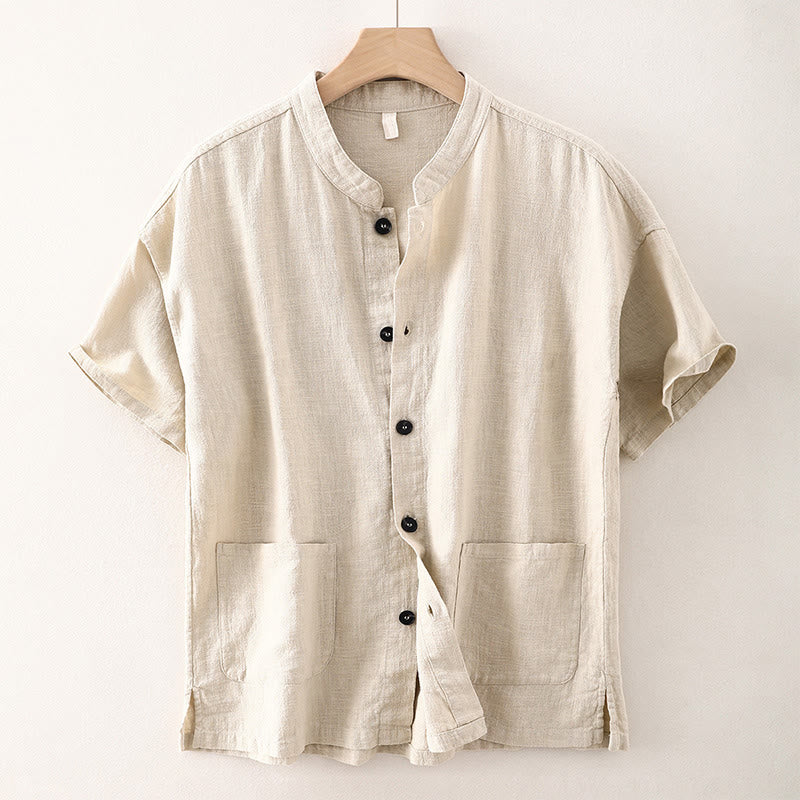 Buddha Stones Summer Casual Solid Color Button Design Stand Collar Men's Short Sleeve Cotton Linen Shirt WIth Pockets - Beige - US/UK/AU42，EU52 (3XL) - image 0