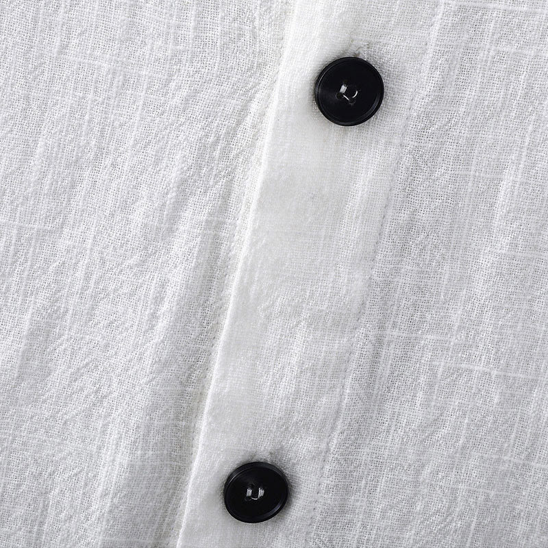 Buddha Stones Summer Casual Solid Color Button Design Stand Collar Men's Short Sleeve Cotton Linen Shirt WIth Pockets - image 3