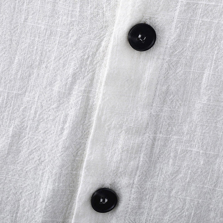 Buddha Stones Summer Casual Solid Color Button Design Stand Collar Men's Short Sleeve Cotton Linen Shirt WIth Pockets - image 3