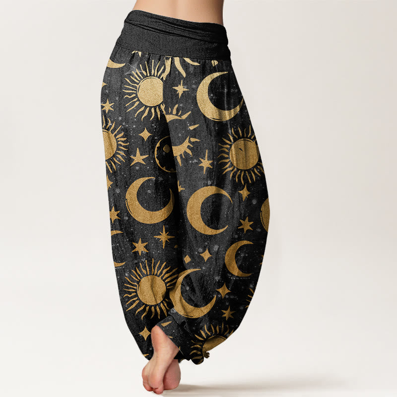 Buddha Stones Crescent Moon Sun Stars Pattern Design Women's Elastic Waist Harem Pants - image 1