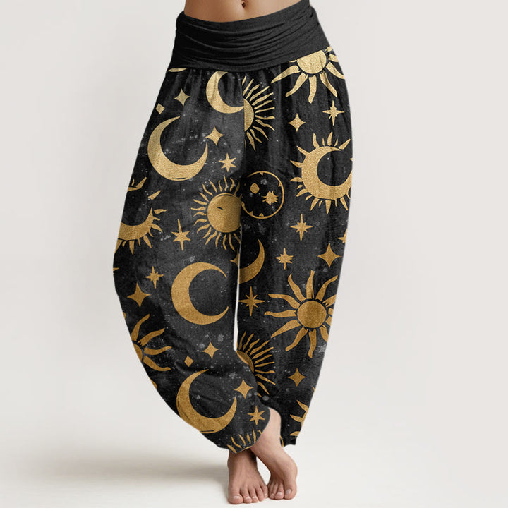 Buddha Stones Crescent Moon Sun Stars Pattern Design Women's Elastic Waist Harem Pants - Black - US22，UK/AU26，EU54 (6XL) - image 0