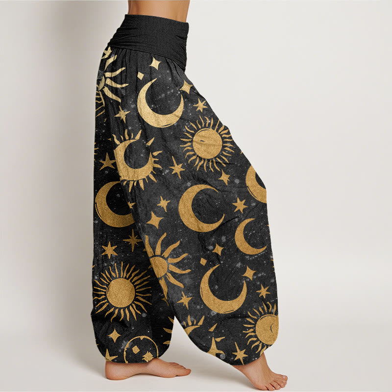 Buddha Stones Crescent Moon Sun Stars Pattern Design Women's Elastic Waist Harem Pants - image 2