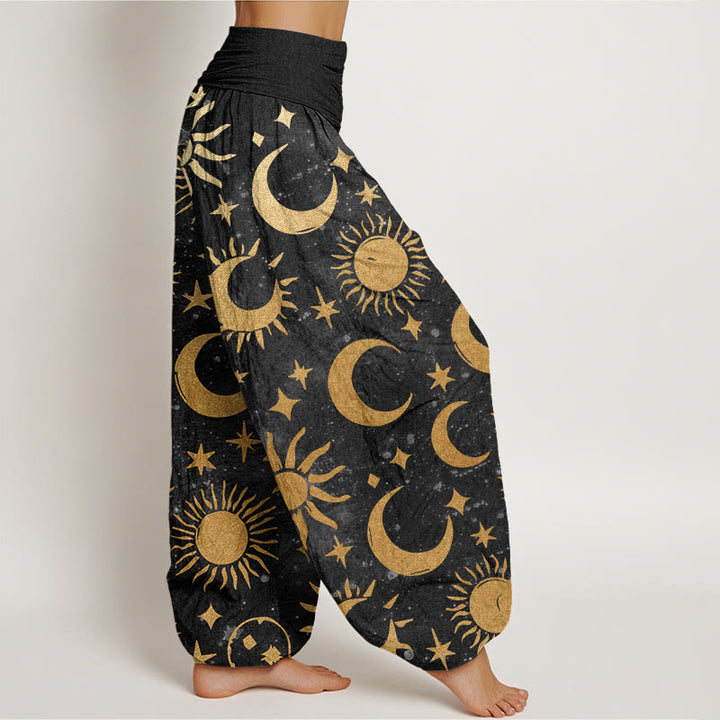 Buddha Stones Crescent Moon Sun Stars Pattern Design Women's Elastic Waist Harem Pants - image 2