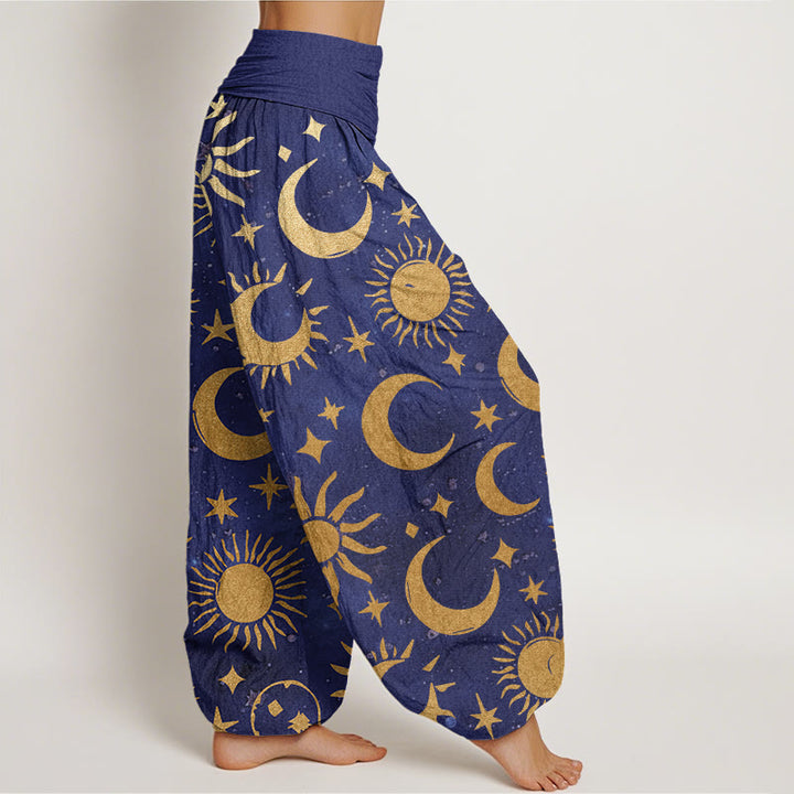 Buddha Stones Crescent Moon Sun Stars Pattern Design Women's Elastic Waist Harem Pants - image 6