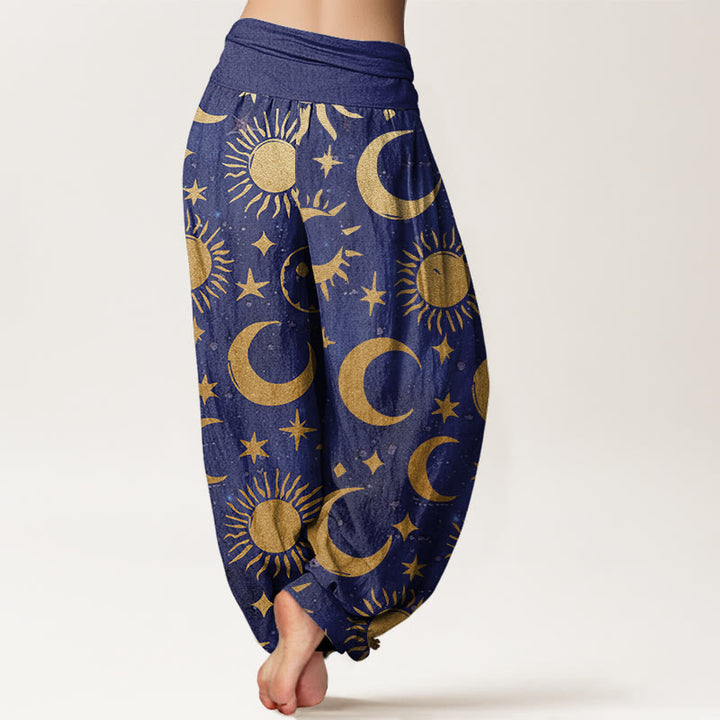 Buddha Stones Crescent Moon Sun Stars Pattern Design Women's Elastic Waist Harem Pants - image 5