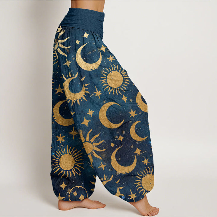 Buddha Stones Crescent Moon Sun Stars Pattern Design Women's Elastic Waist Harem Pants - image 9