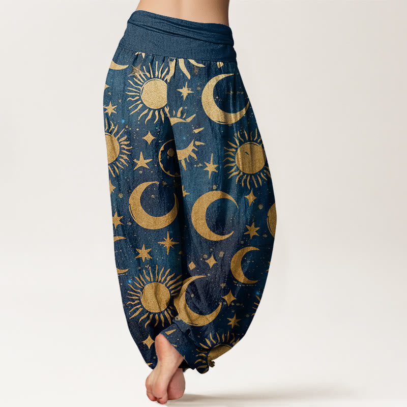 Buddha Stones Crescent Moon Sun Stars Pattern Design Women's Elastic Waist Harem Pants - image 8