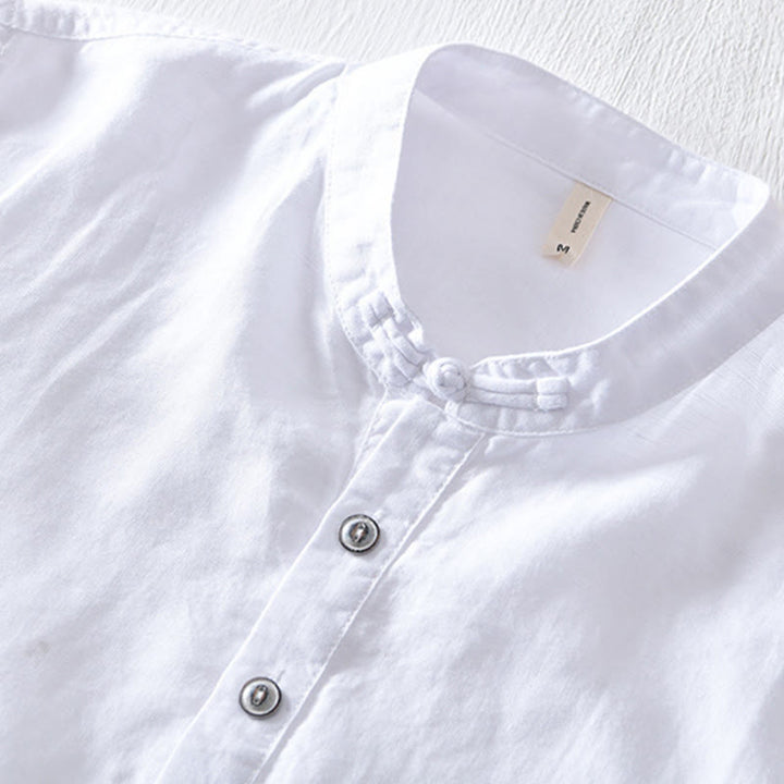 Buddha Stones Solid Color Half Button Design Stand Collar Men's Short Sleeve Cotton Linen Shirt - image 6