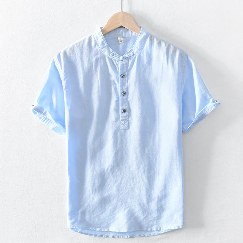 Buddha Stones Solid Color Half Button Design Stand Collar Men's Short Sleeve Cotton Linen Shirt - LightCyan - US/UK/AU46，EU56 (5XL) - image 18
