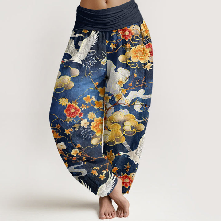 Buddha Stones Auspicious Clouds White Cranes Red Flowers Pattern Design Women's Elastic Waist Harem Pants - RoyalBlue - US22，UK/AU26，EU54 (6XL) - image 0