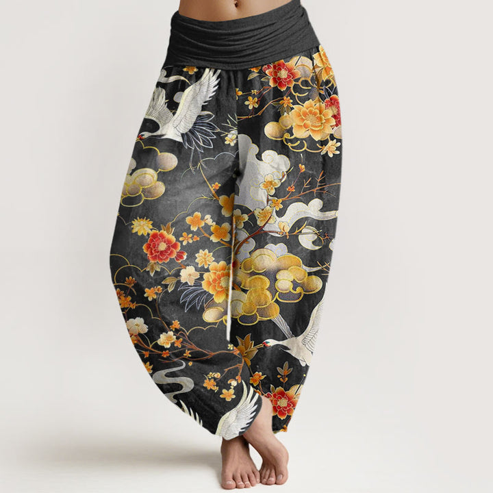 Buddha Stones Auspicious Clouds White Cranes Red Flowers Pattern Design Women's Elastic Waist Harem Pants - Black - US22，UK/AU26，EU54 (6XL) - image 4