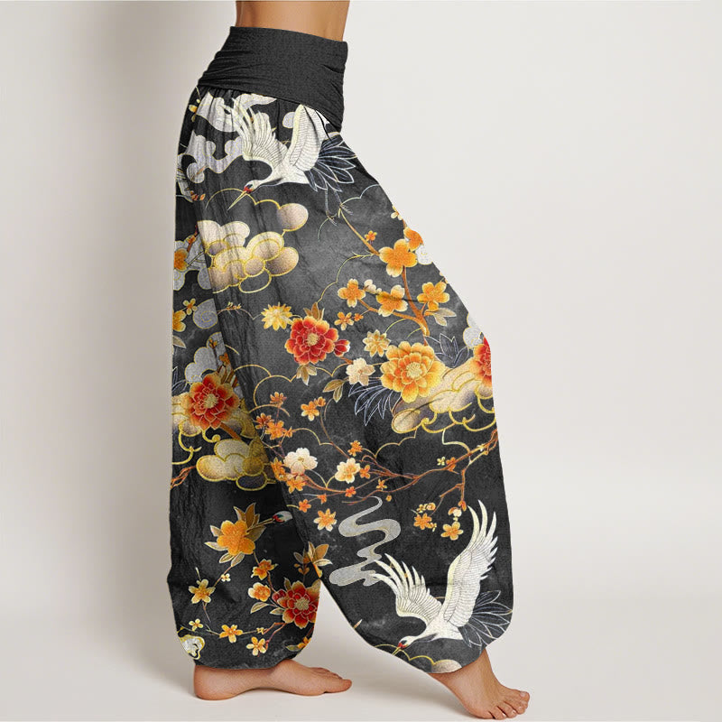 Buddha Stones Cotton Auspicious Clouds White Cranes Red Flowers Pattern Design Women's Elastic Waist Harem Pants - image 6