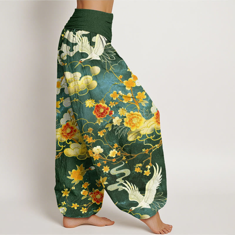 Buddha Stones Auspicious Clouds White Cranes Red Flowers Pattern Design Women's Elastic Waist Harem Pants - image 9