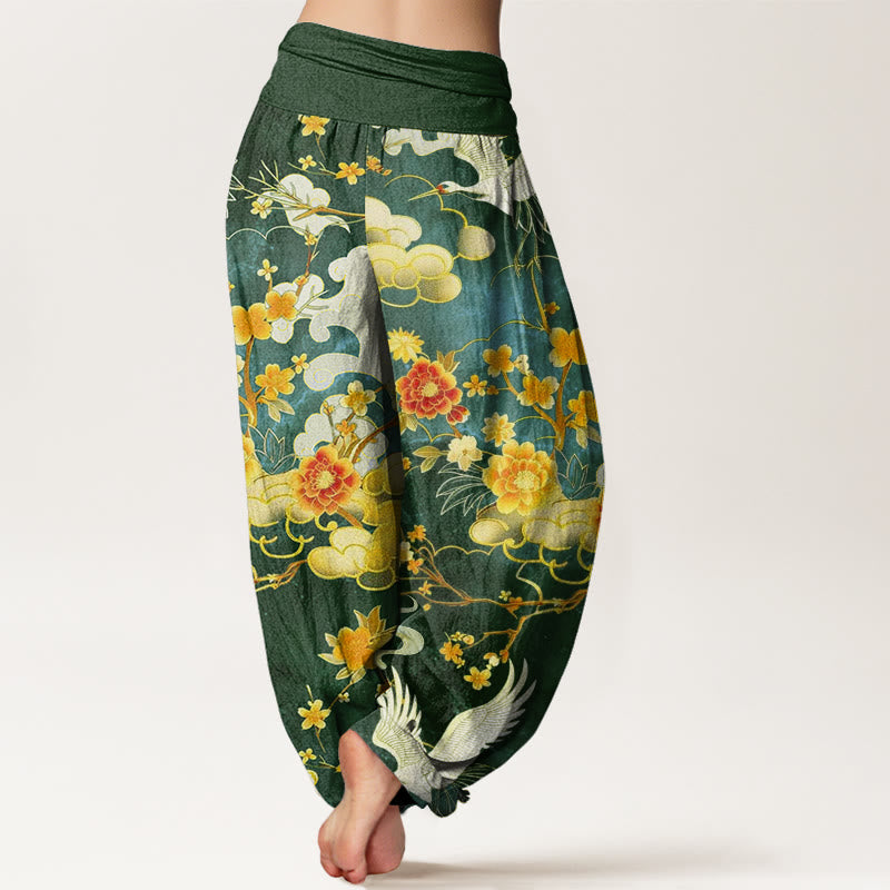 Buddha Stones Auspicious Clouds White Cranes Red Flowers Pattern Design Women's Elastic Waist Harem Pants - image 8