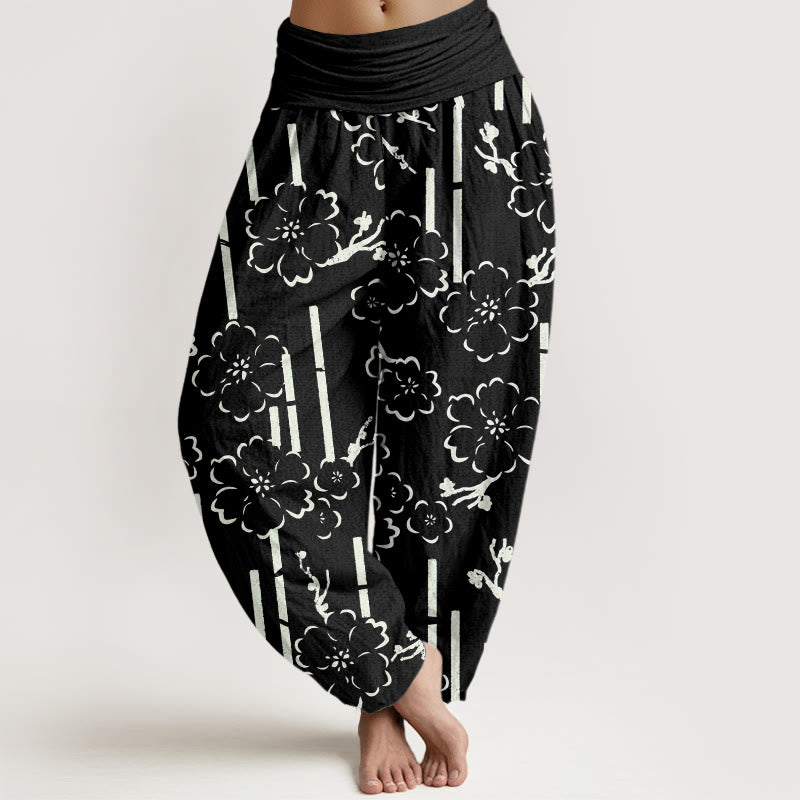 Buddha Stones Floral Lines Pattern Design Women's Elastic Waist Harem Pants - Black - US22，UK/AU26，EU54 (6XL) - image 4
